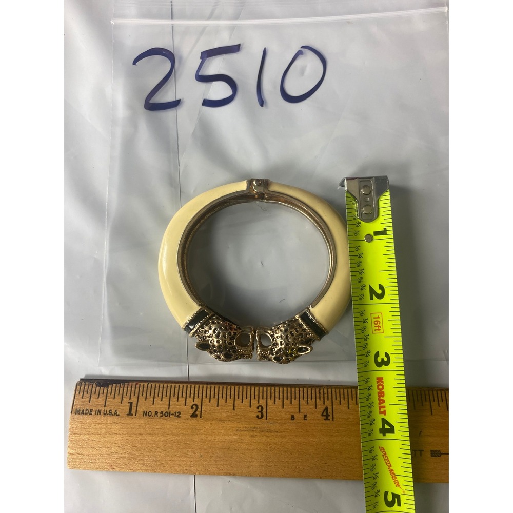 Leopard Head Hinged Bangle Bracelet Ivory Enamel Gold Tone Cuff Statement